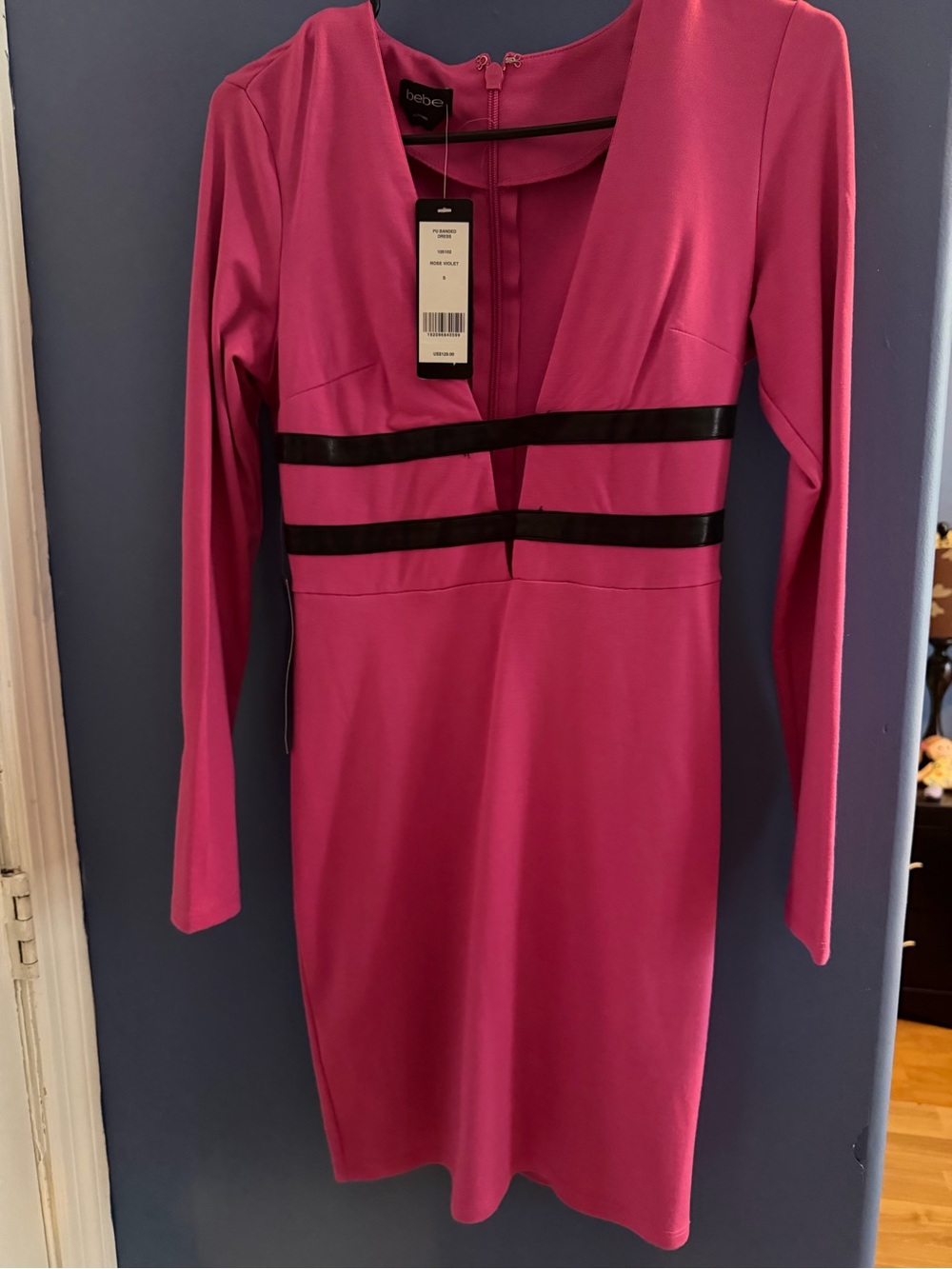 bebe Fuchsia Long-Sleeve Sheath Dress with Black Waist Straps